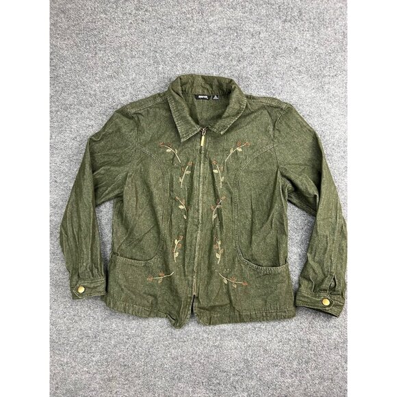 Krazy Kat Jacket Women's XL Green Floral Embroidered Full Zip Pockets Collared - Picture 1 of 6